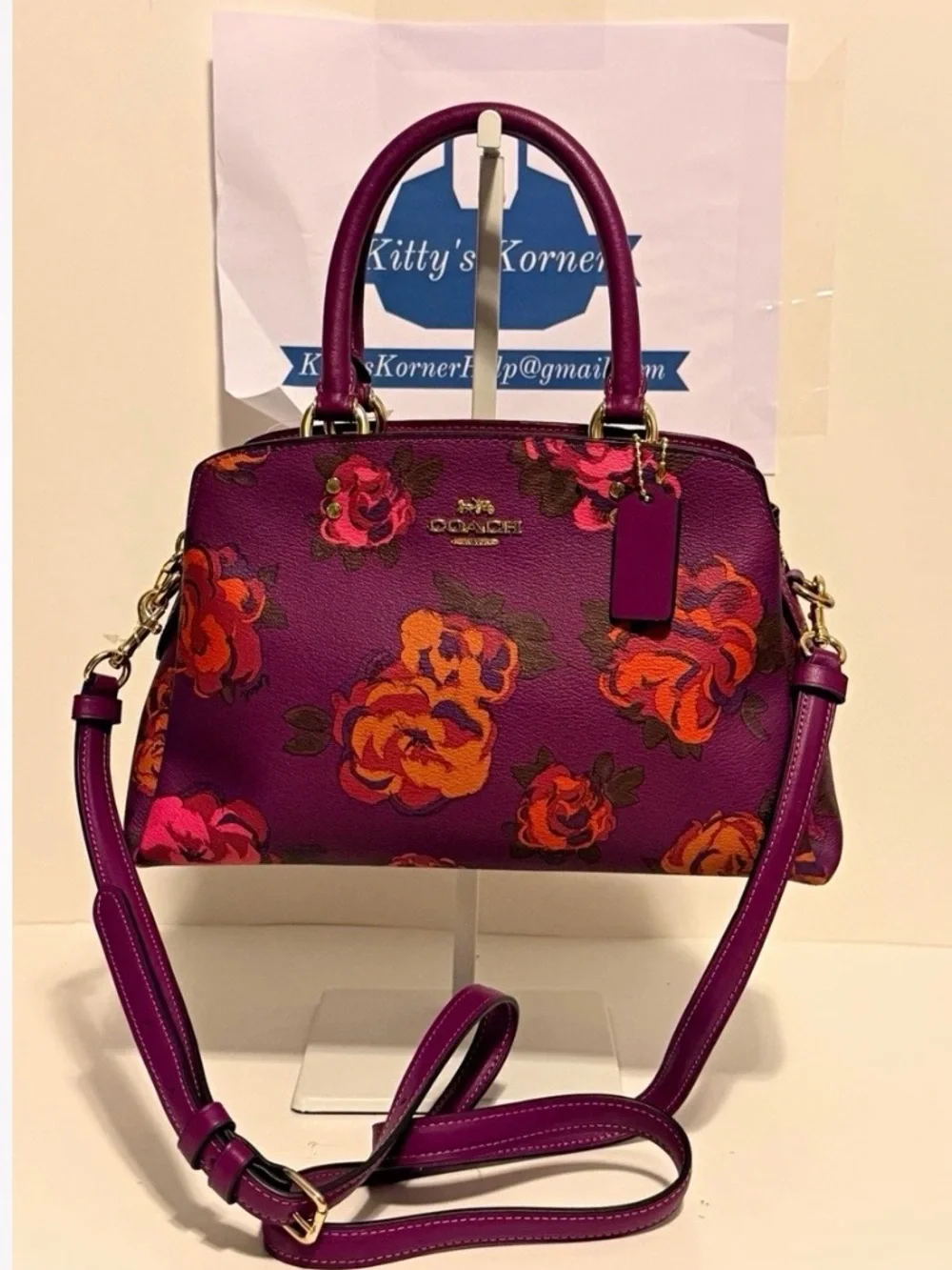 NWT Coach Mini Lillie Carryall in Dark Magenta Multi Jumbo Floral Print.